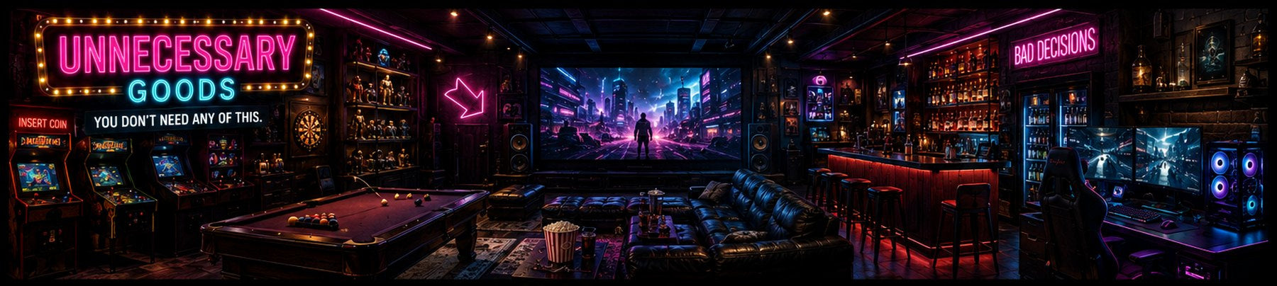 Neon game room, arcade, bar and entertainment lounge